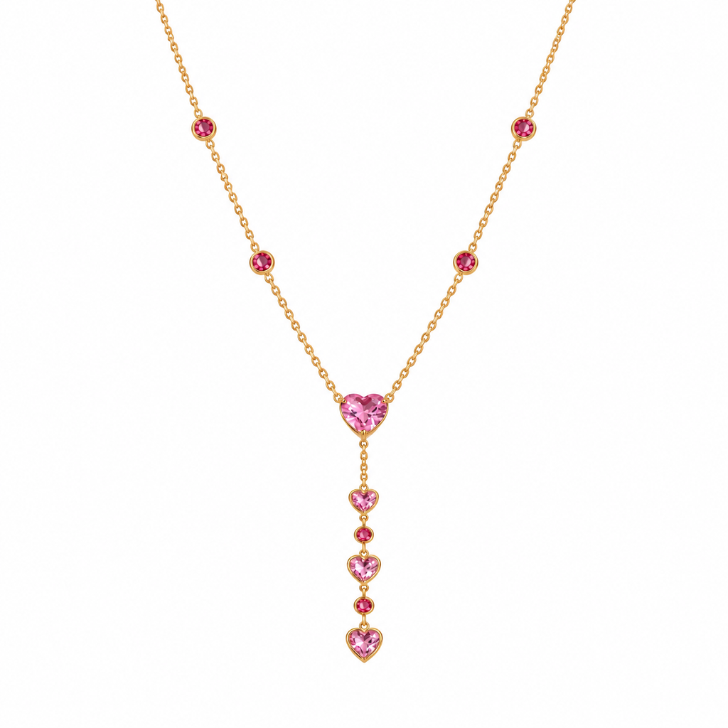 Ruby Pink Heart CZ Layered Y Necklace