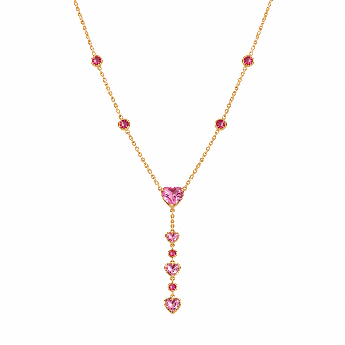 Ruby Pink Heart CZ Layered Y Necklace