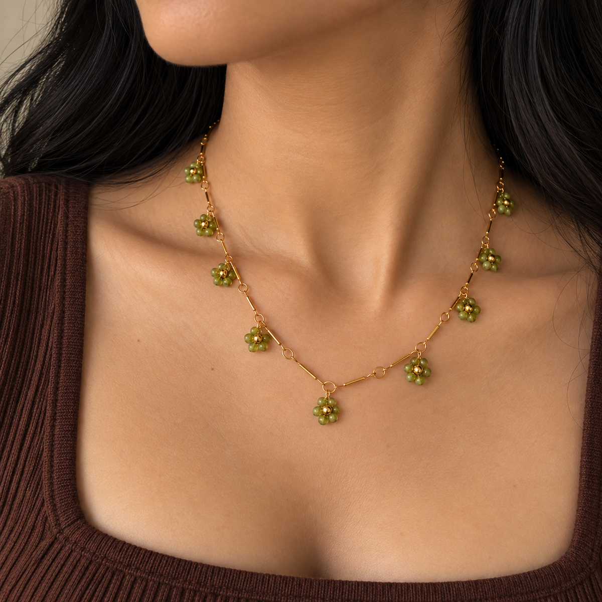 Olive Green Beaded Charm Necklace