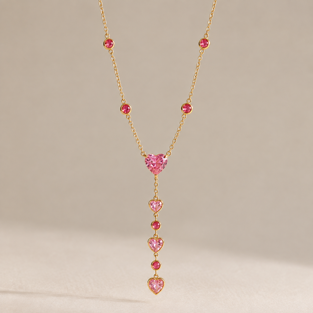 Ruby Pink Heart CZ Layered Y Necklace