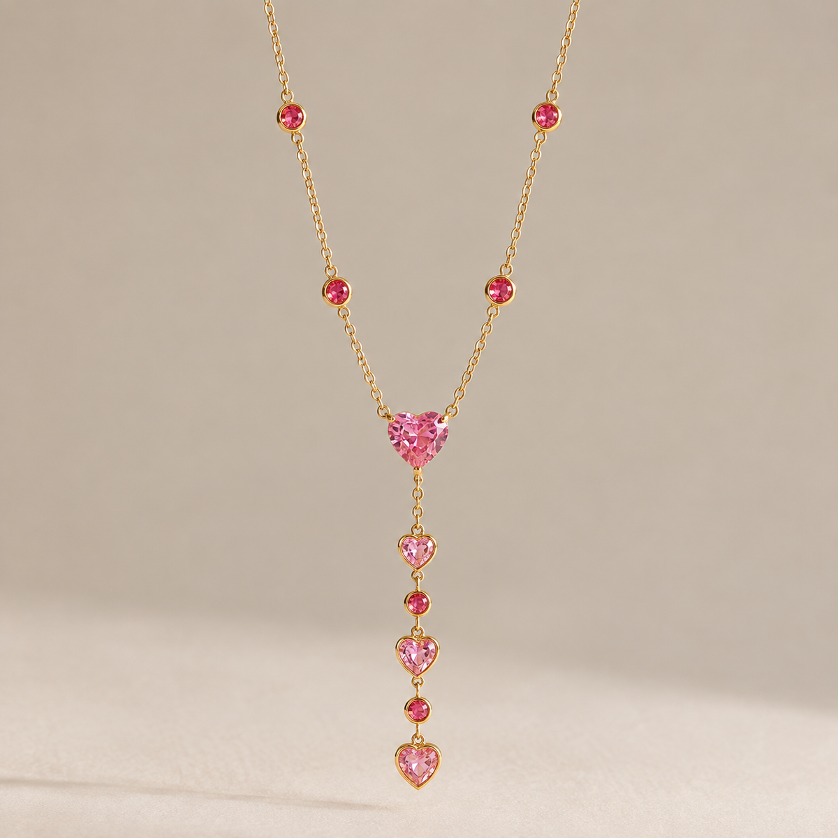 Ruby Pink Heart CZ Layered Y Necklace