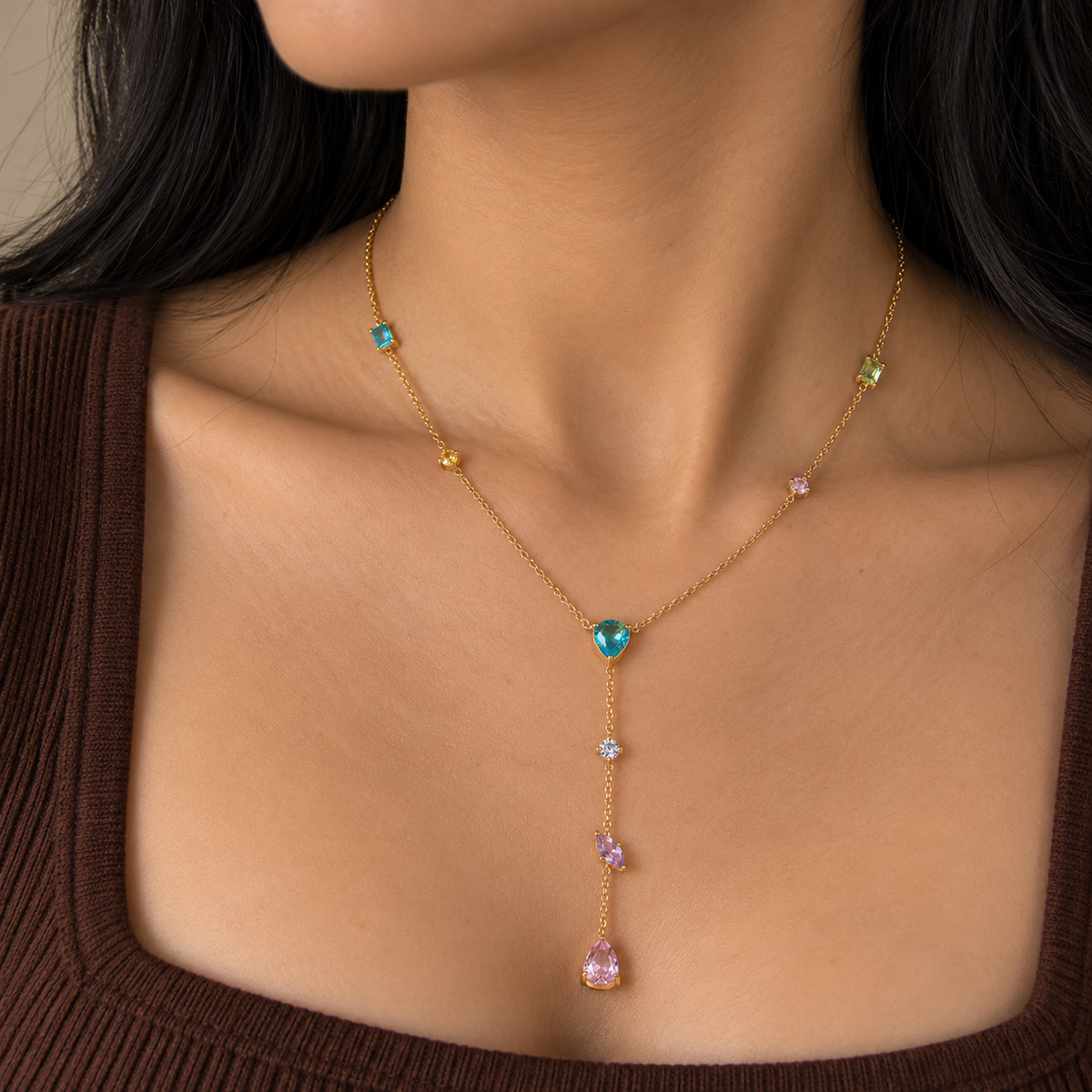 Iris Multicolor CZ Y Drop Necklace
