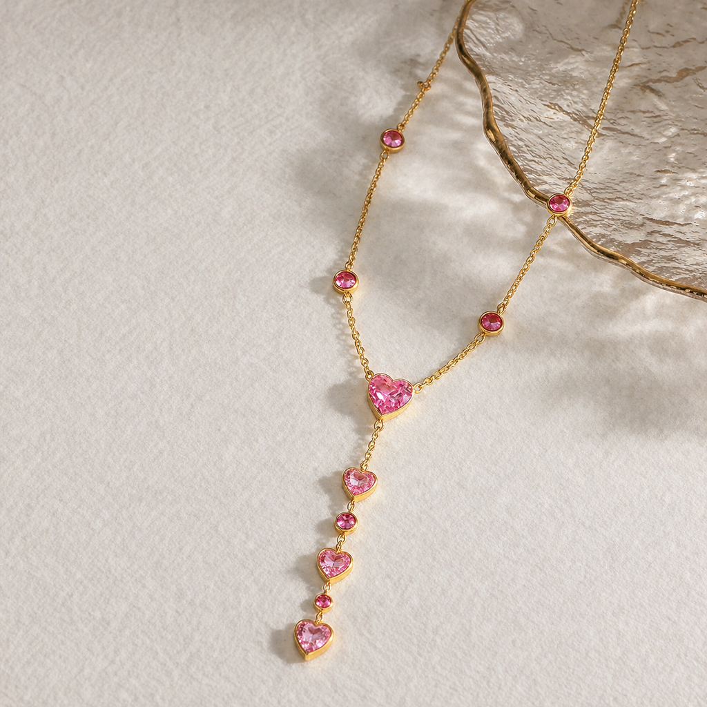 Ruby Pink Heart CZ Layered Y Necklace