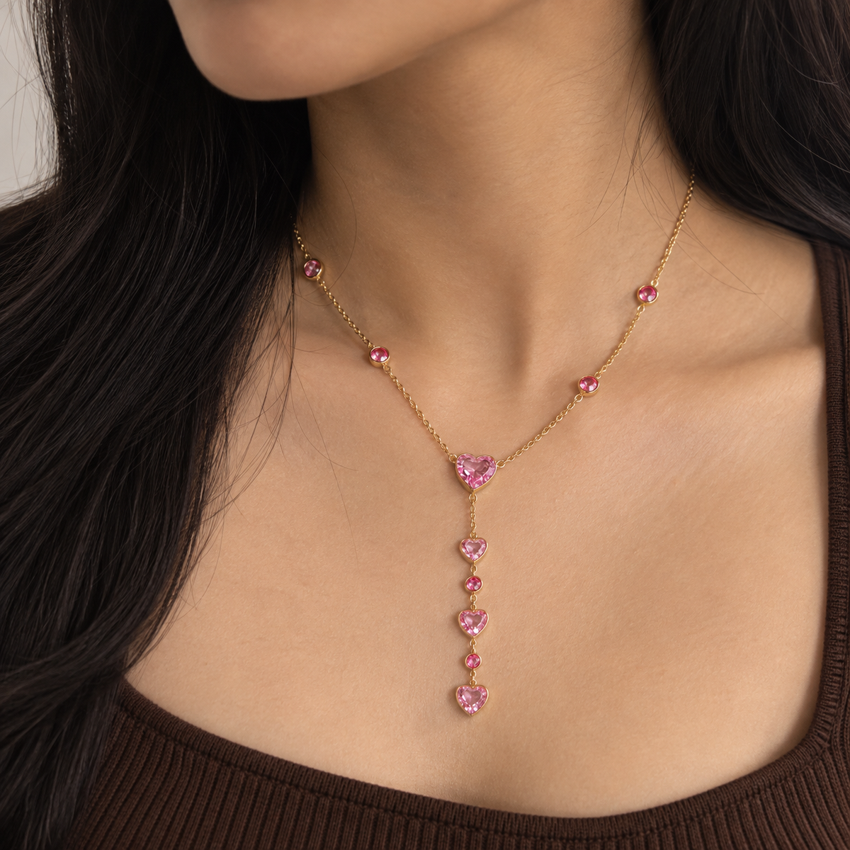 Ruby Pink Heart CZ Layered Y Necklace
