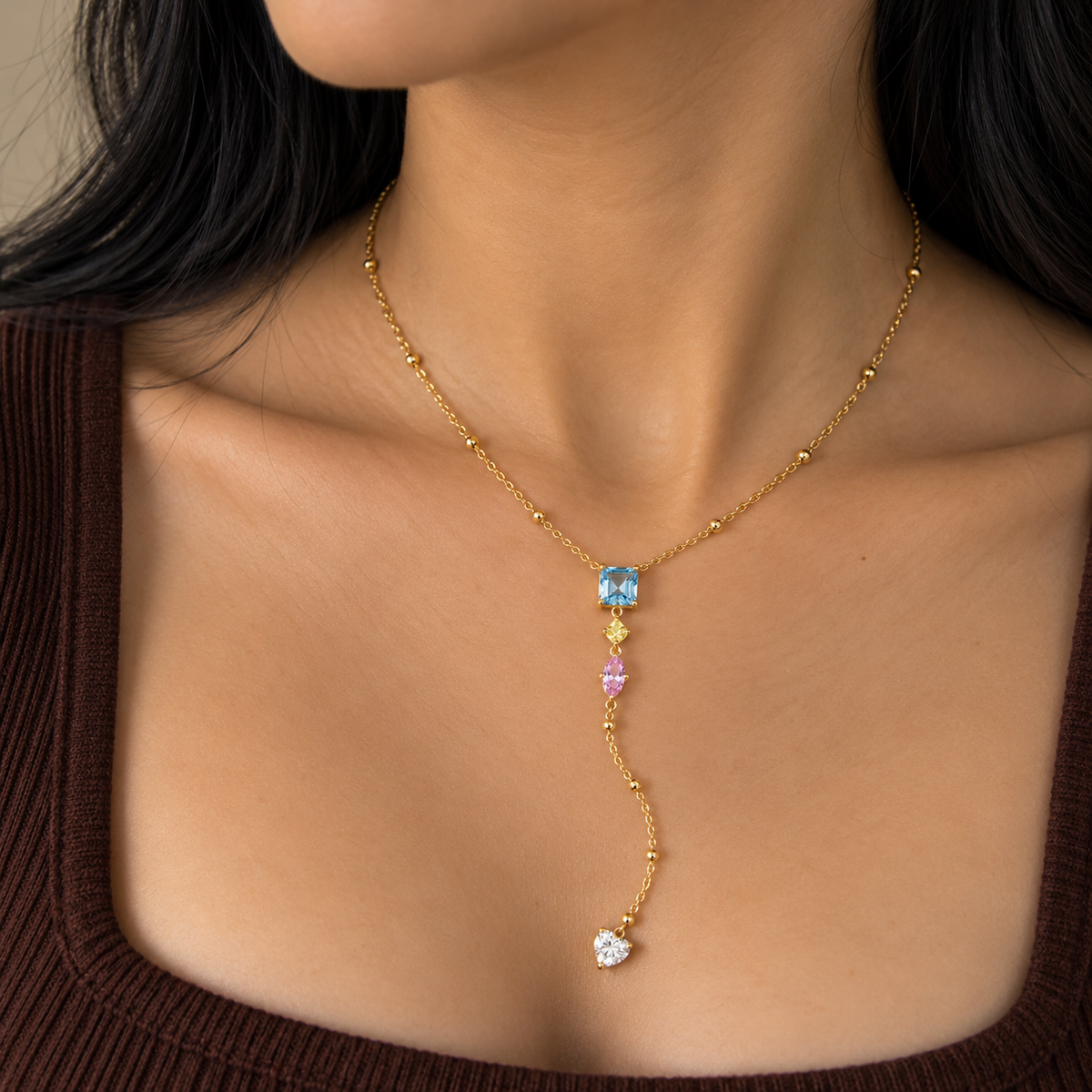 Blue CZ Square Y Drop Necklace