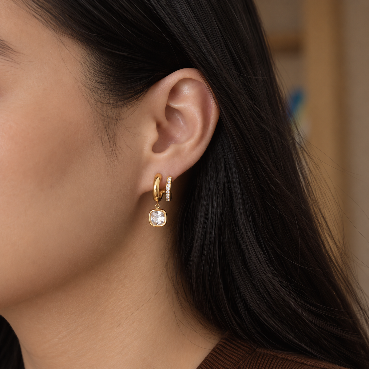 Elise CZ Square Half Hoop Stud Earrings