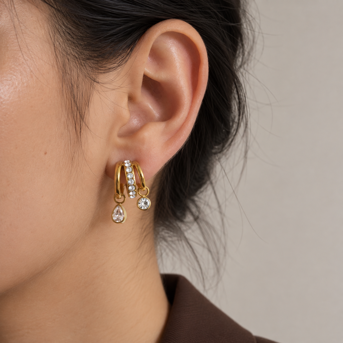 Camille CZ Teardrop Half Hoop Stud Earrings
