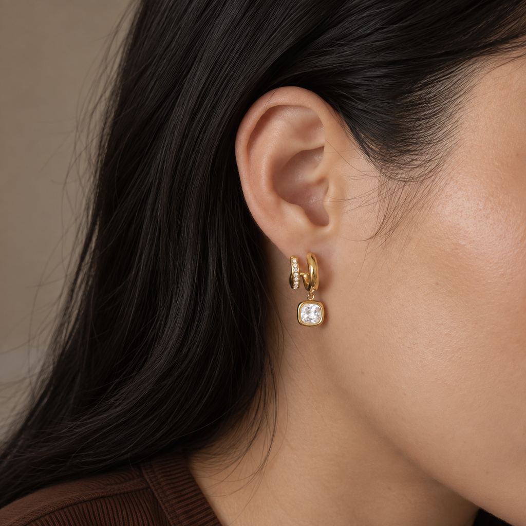 Elise CZ Square Half Hoop Stud Earrings