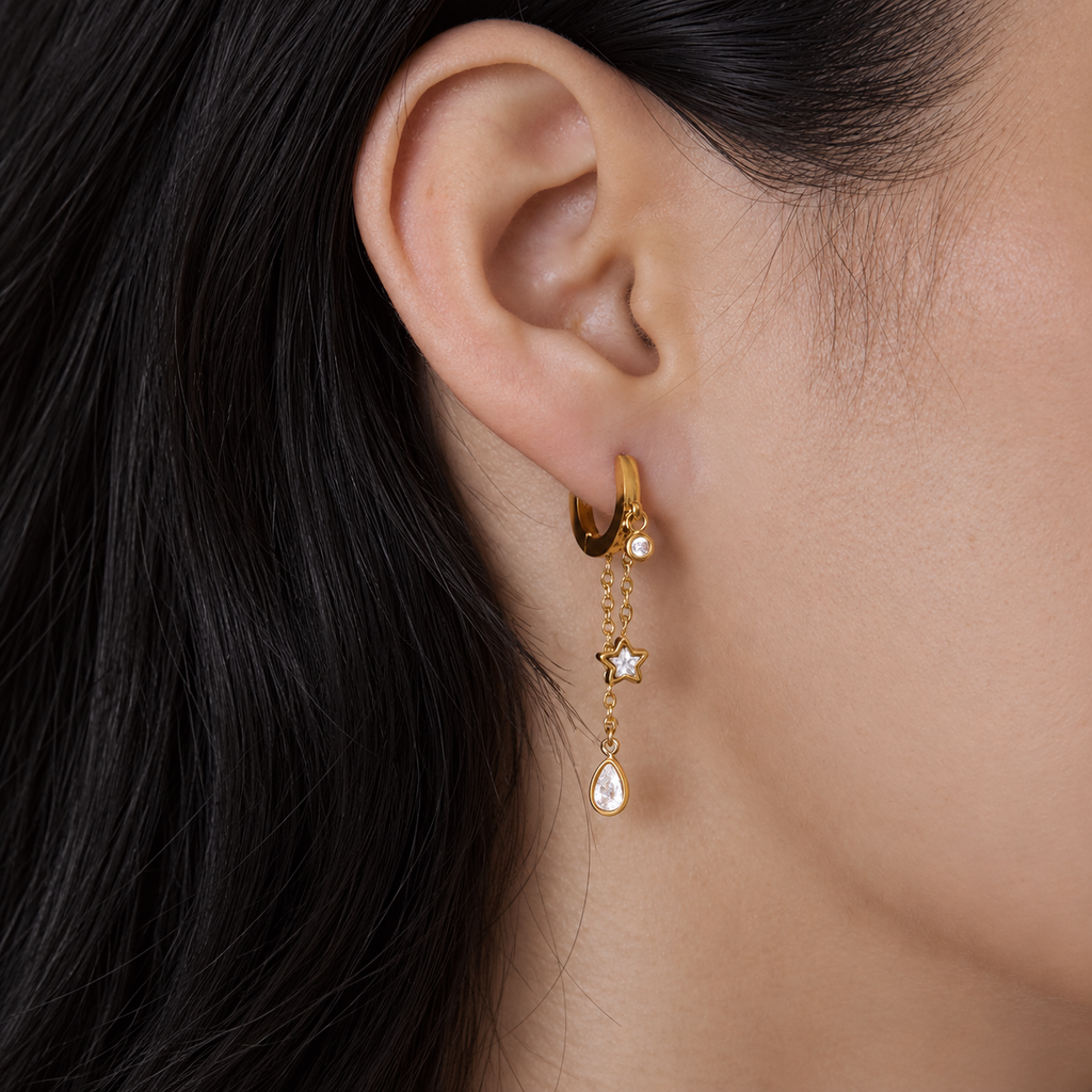 Aria Star CZ Drop Hoop Earrings