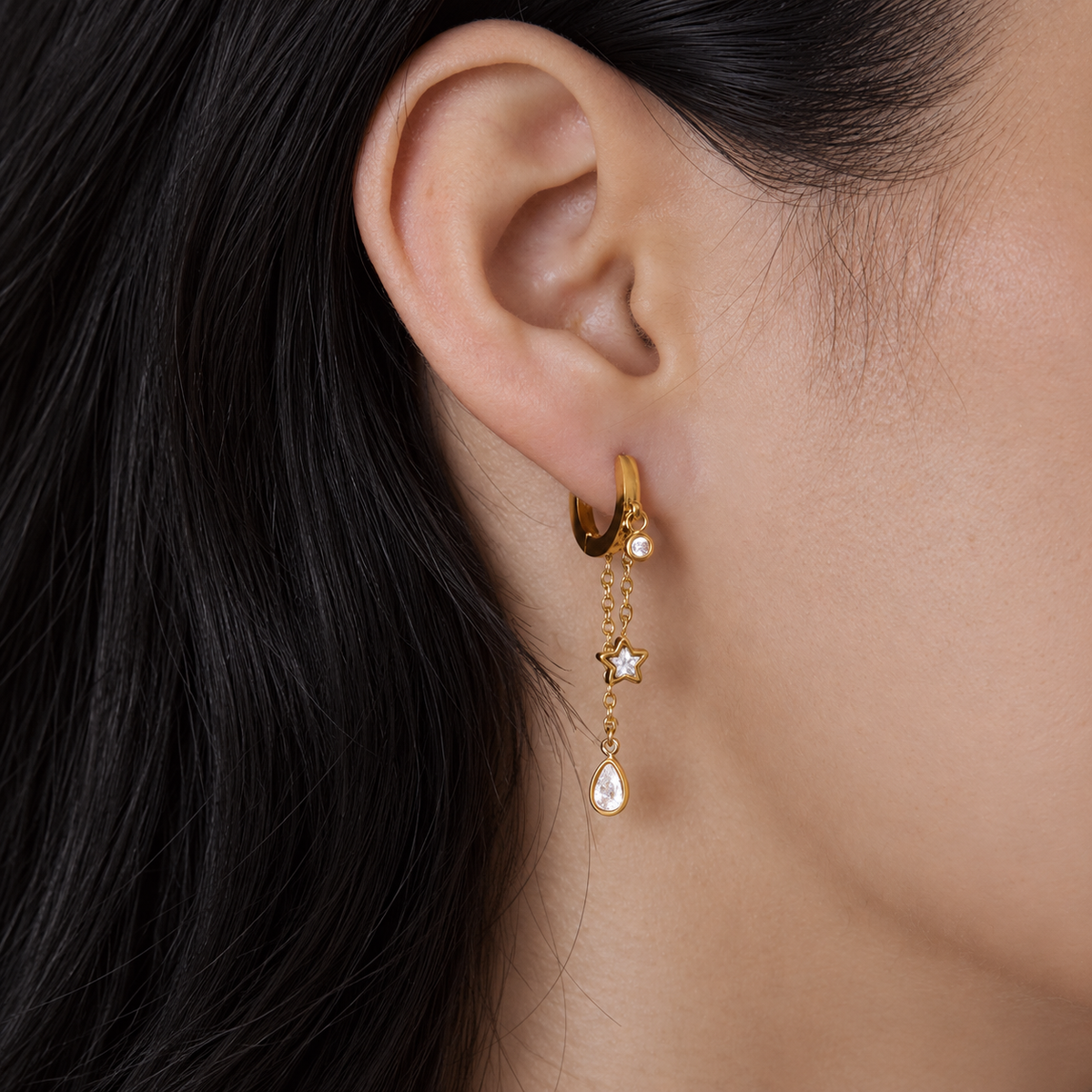 Aria Star CZ Drop Hoop Earrings