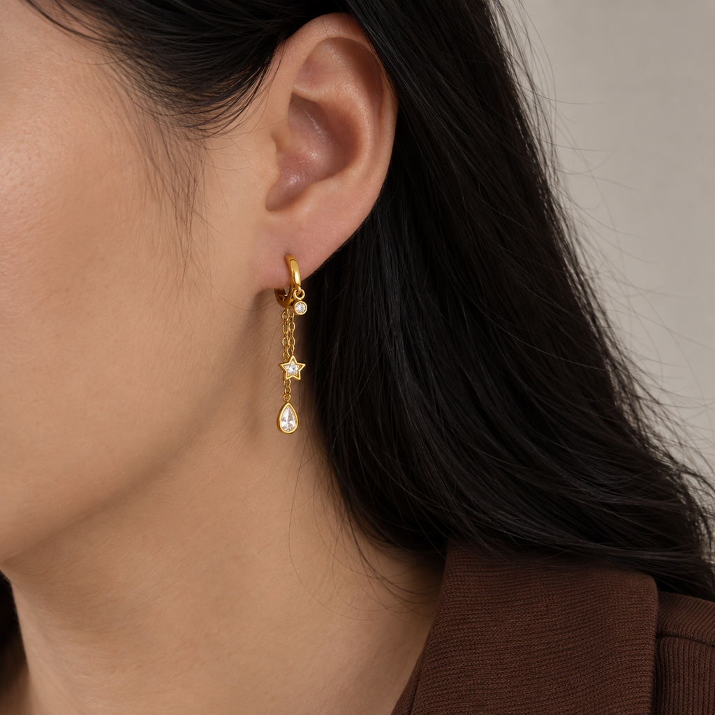 Aria Star CZ Drop Hoop Earrings