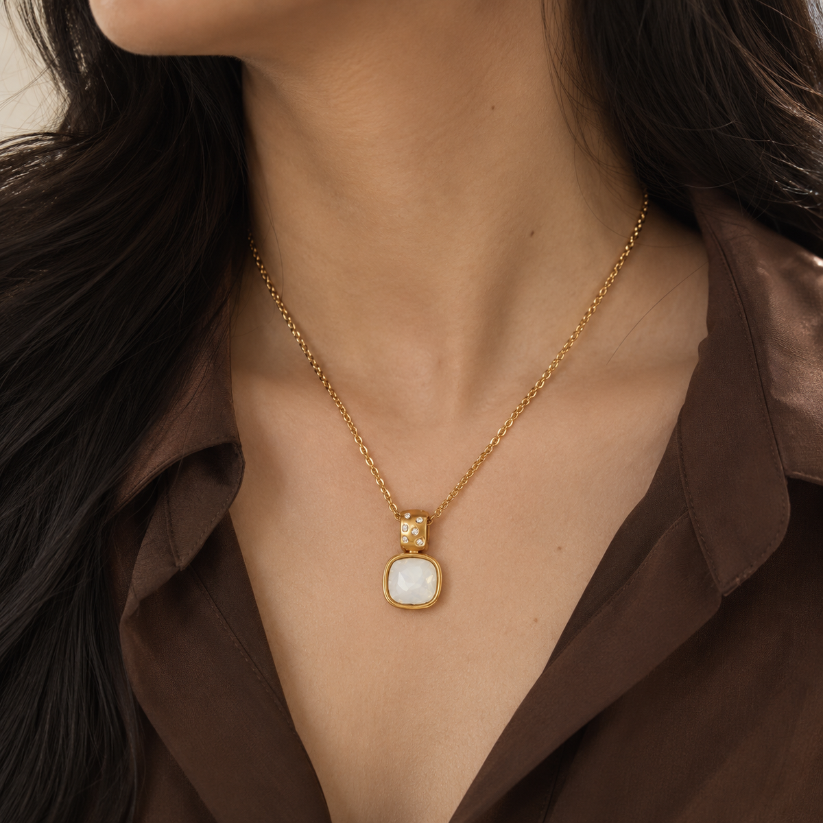 Isla White Opal Square Pendant Necklace