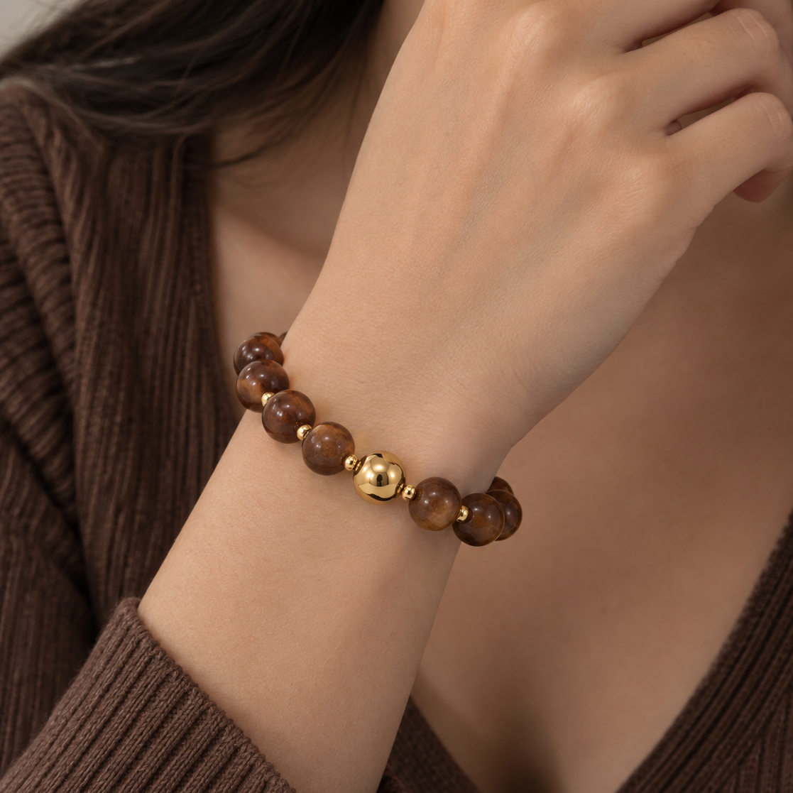 Maya Brown Beaded Bracelet with Gold Accents