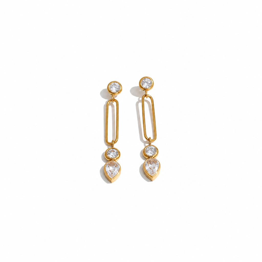 Myra 18K Gold Plated Geometric CZ Long Drop Earrings