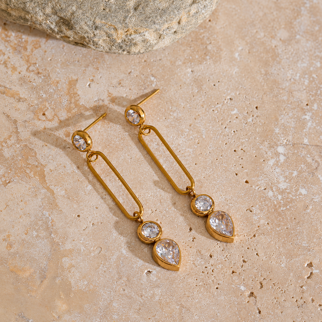 Myra 18K Gold Plated Geometric CZ Long Drop Earrings