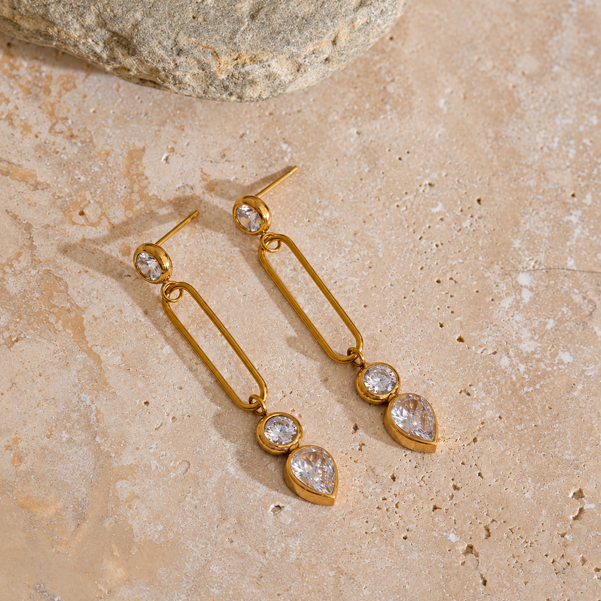 Myra 18K Gold Plated Geometric CZ Long Drop Earrings