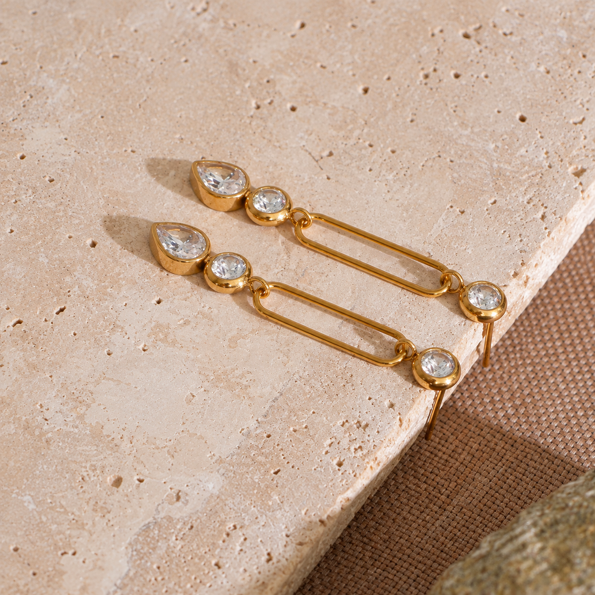 Myra 18K Gold Plated Geometric CZ Long Drop Earrings