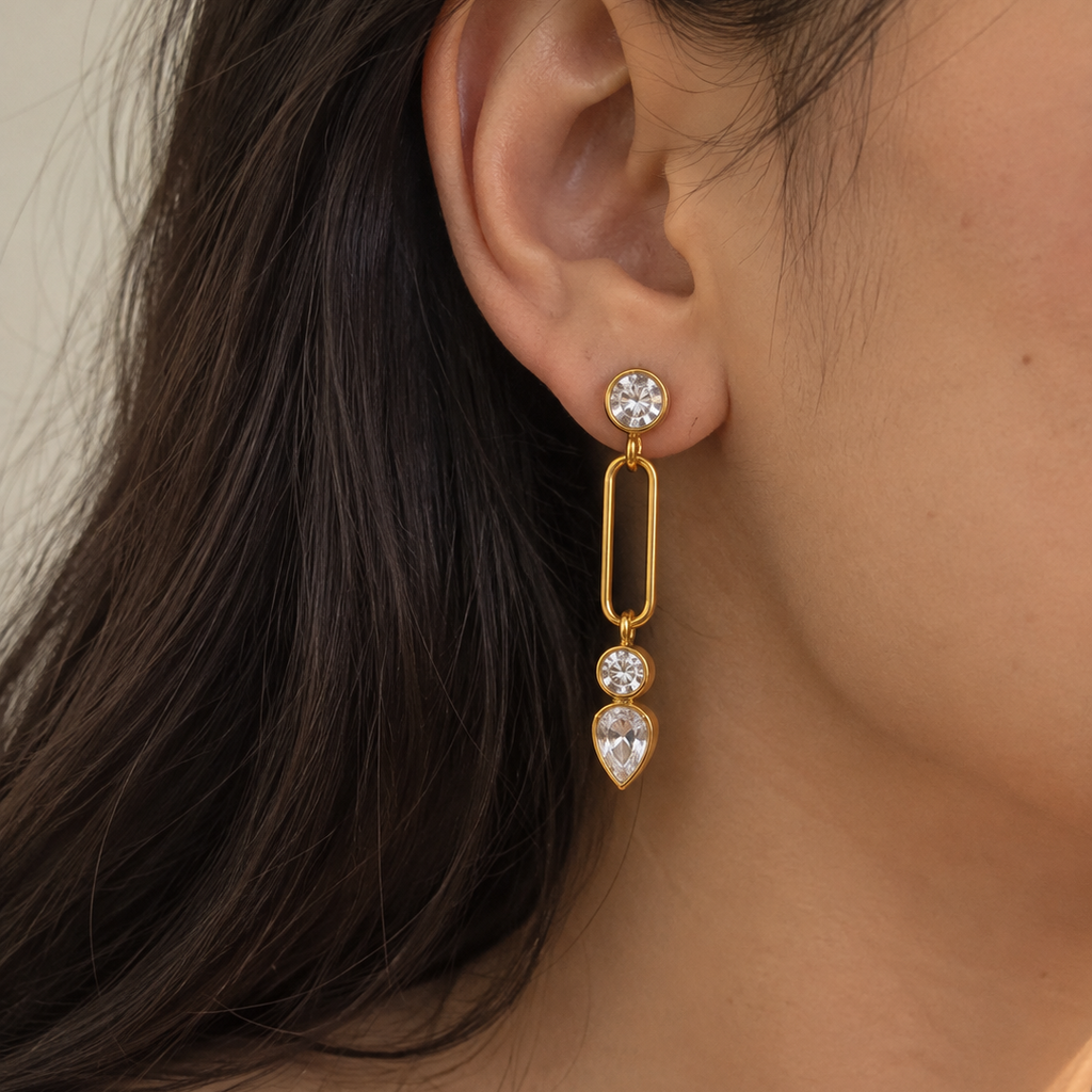 Myra 18K Gold Plated Geometric CZ Long Drop Earrings