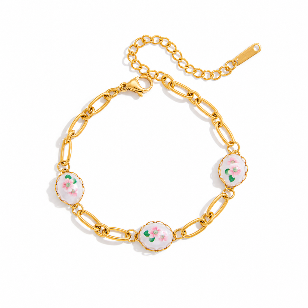 Aarohi Gold Floral Charm Link Bracelet