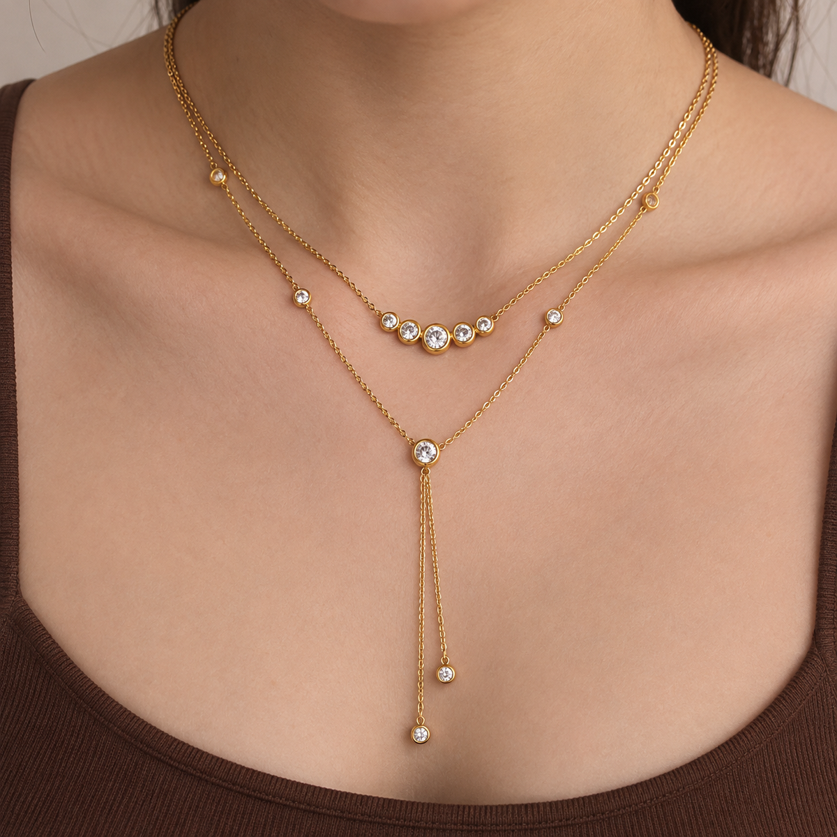 Nylah 18K Gold Plated Layered CZ Station Necklace