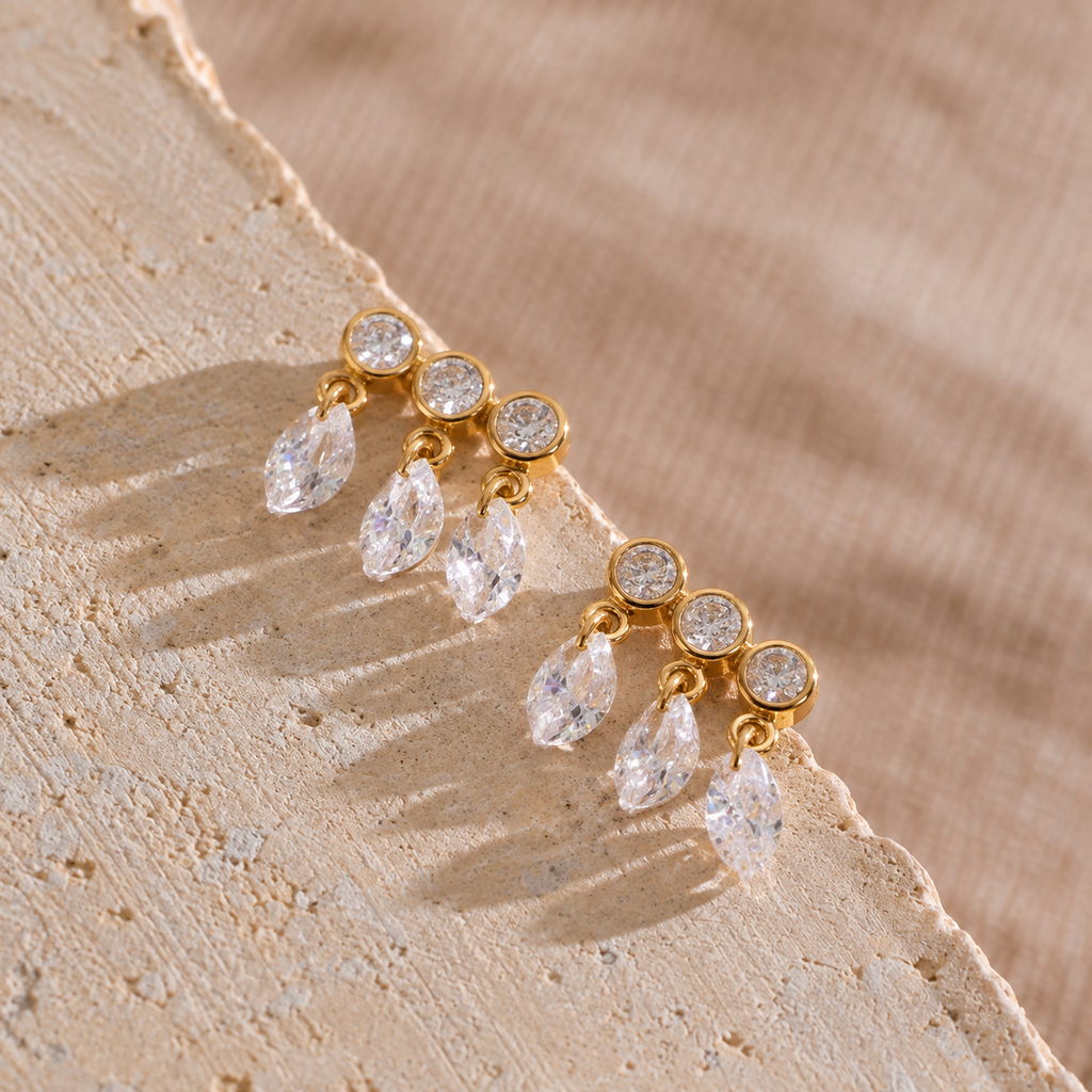 Serena Three Stone CZ Drop Earrings