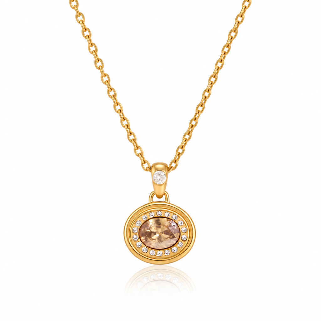 Isabella Gold Oval Stone Halo Pendant Necklace