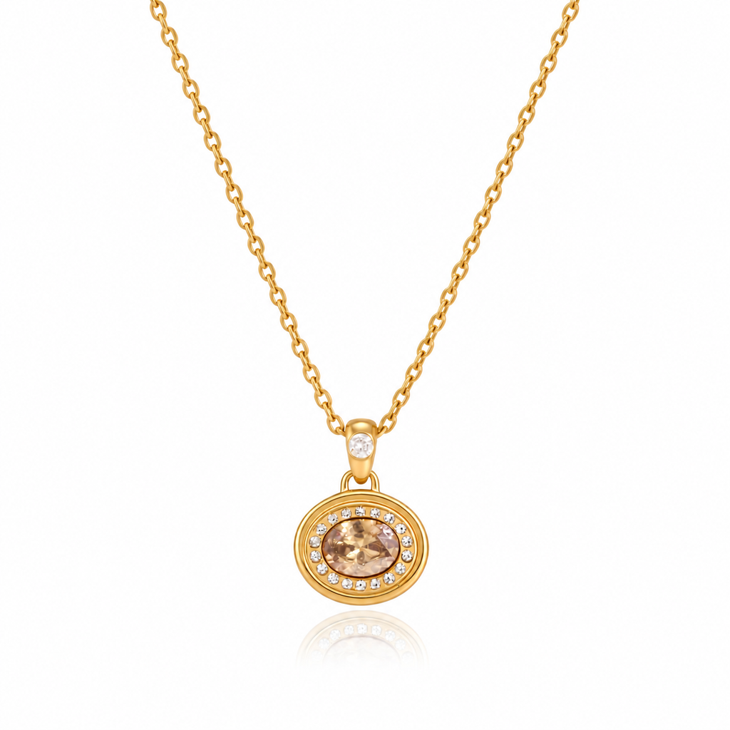 Isabella Gold Oval Stone Halo Pendant Necklace