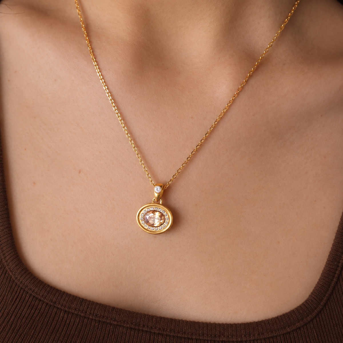Isabella Gold Oval Stone Halo Pendant Necklace