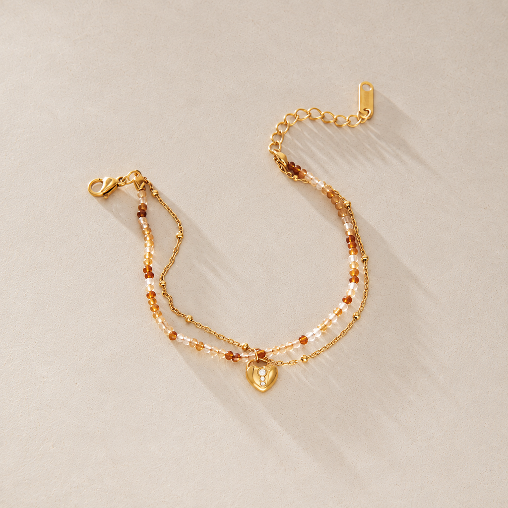 Amara Gold Heart Charm Beaded Chain Bracelet