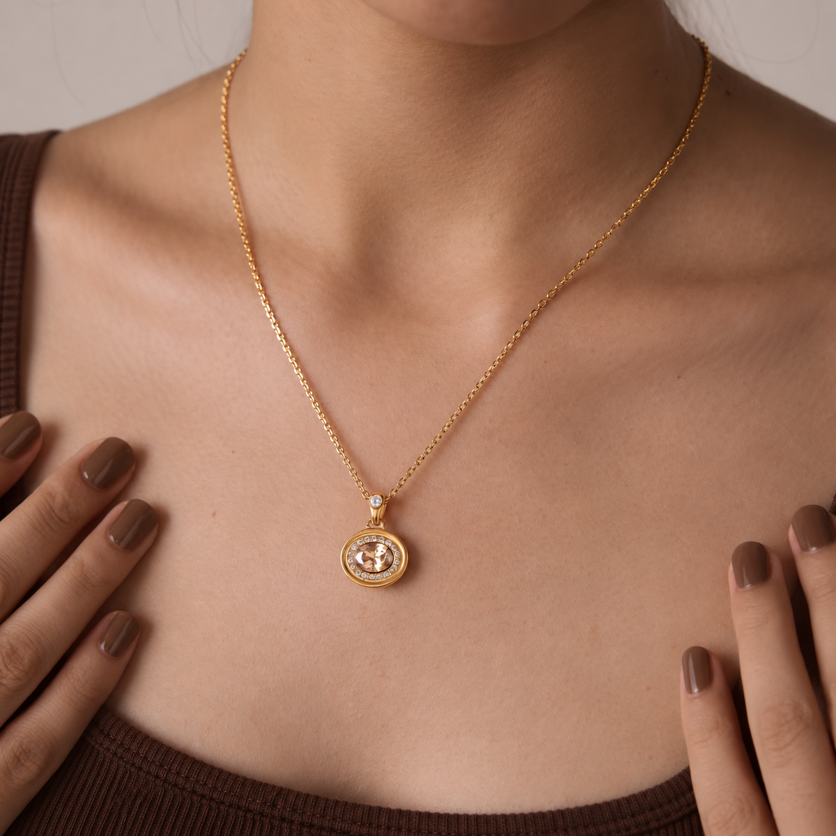 Isabella Gold Oval Stone Halo Pendant Necklace