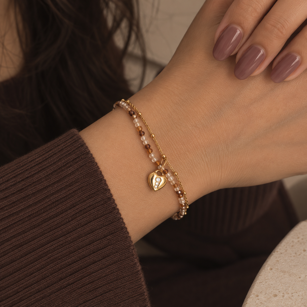Amara Gold Heart Charm Beaded Chain Bracelet