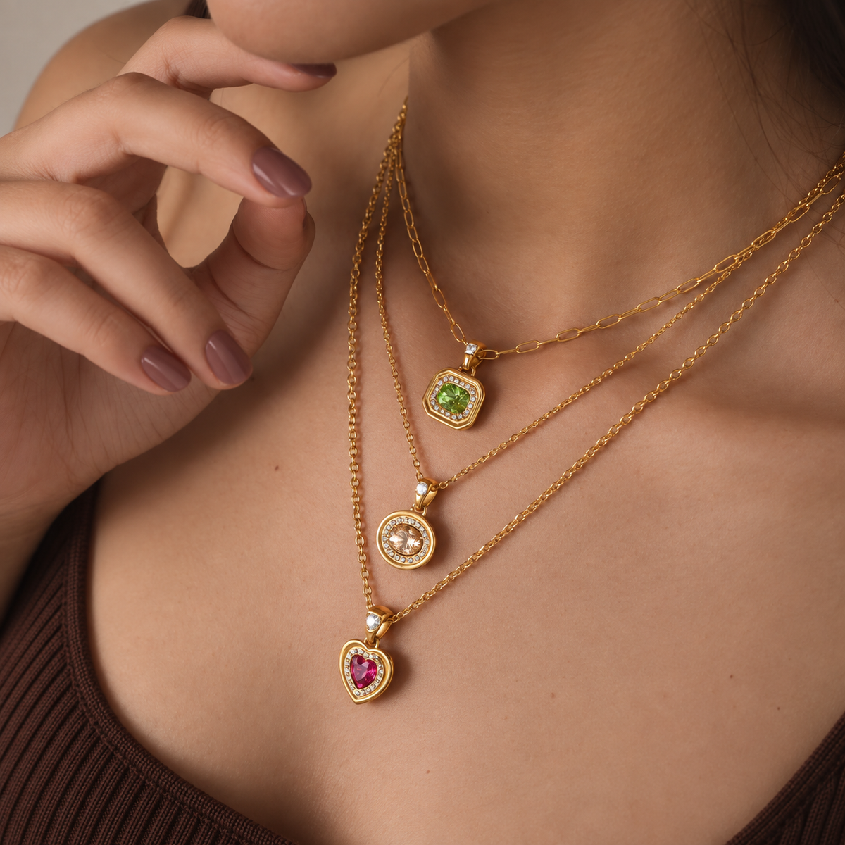 Isabella Gold Oval Stone Halo Pendant Necklace