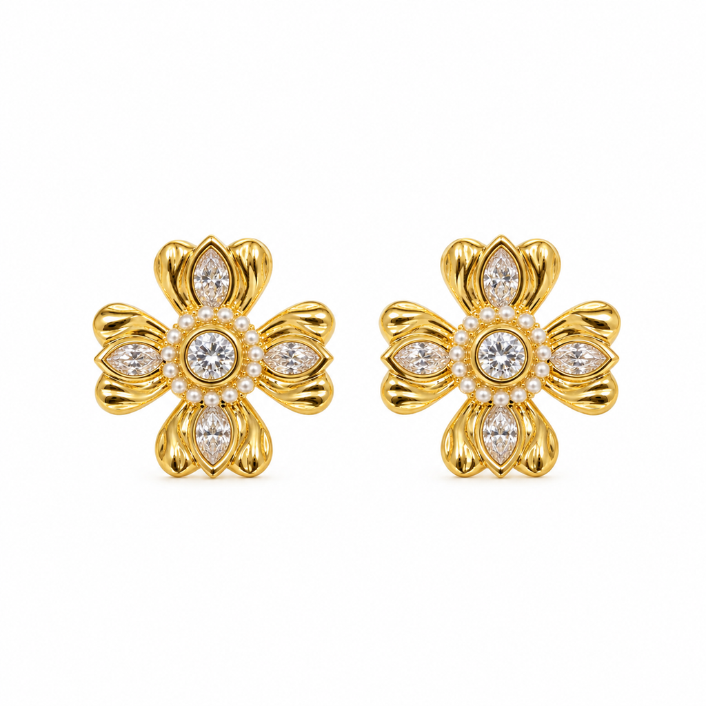 Talia CZ Floral Gold Stud Earrings