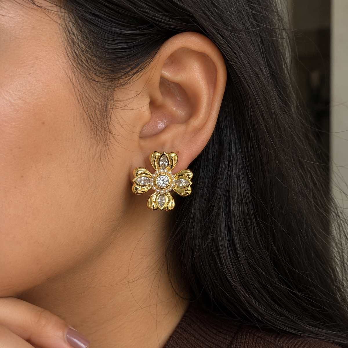 Talia CZ Floral Gold Stud Earrings