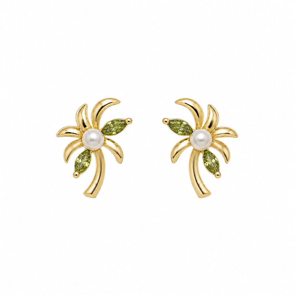 Noelle Palm Tree Pearl Gold Earrings