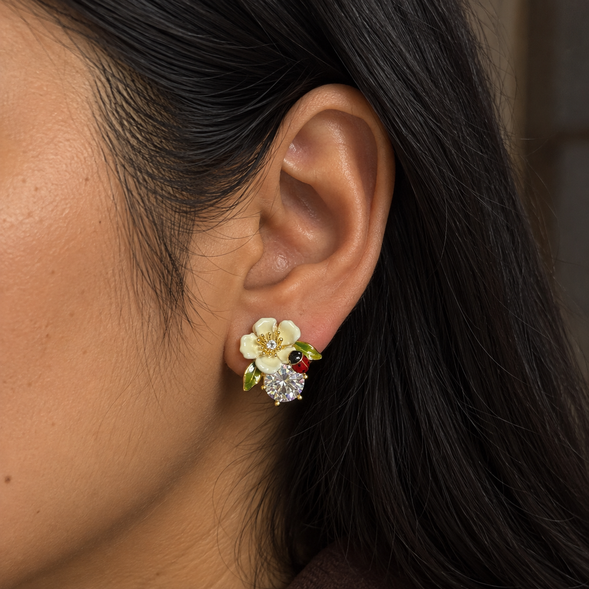 Anaya Ivory Floral Bee CZ Earrings
