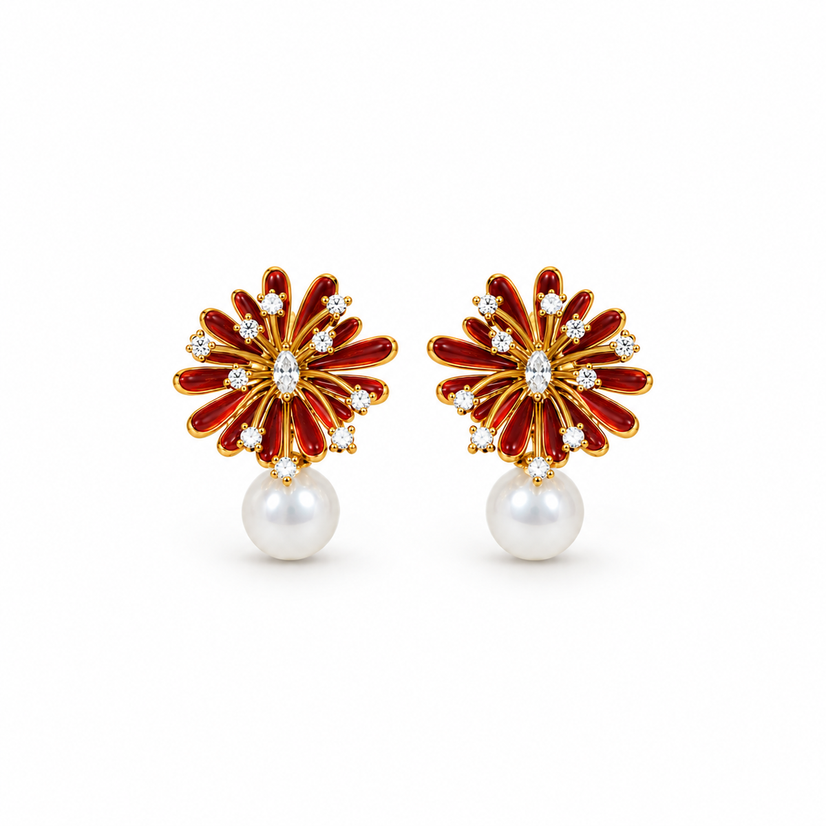 Nyla Red Enamel Pearl Drop Earrings