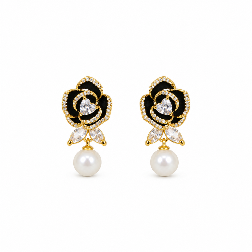 Anaya Black Rose Pearl Drop Earrings