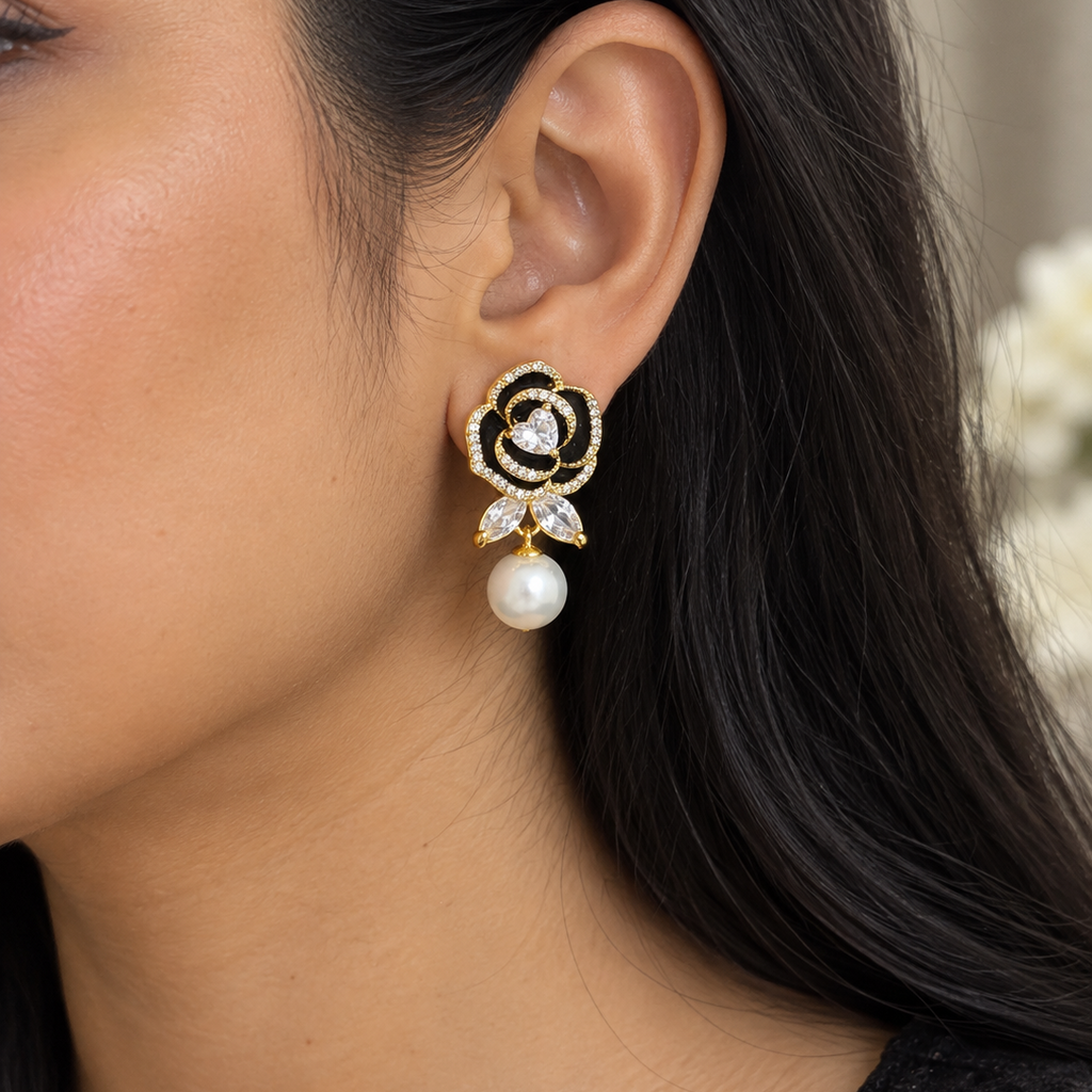 Anaya Black Rose Pearl Drop Earrings