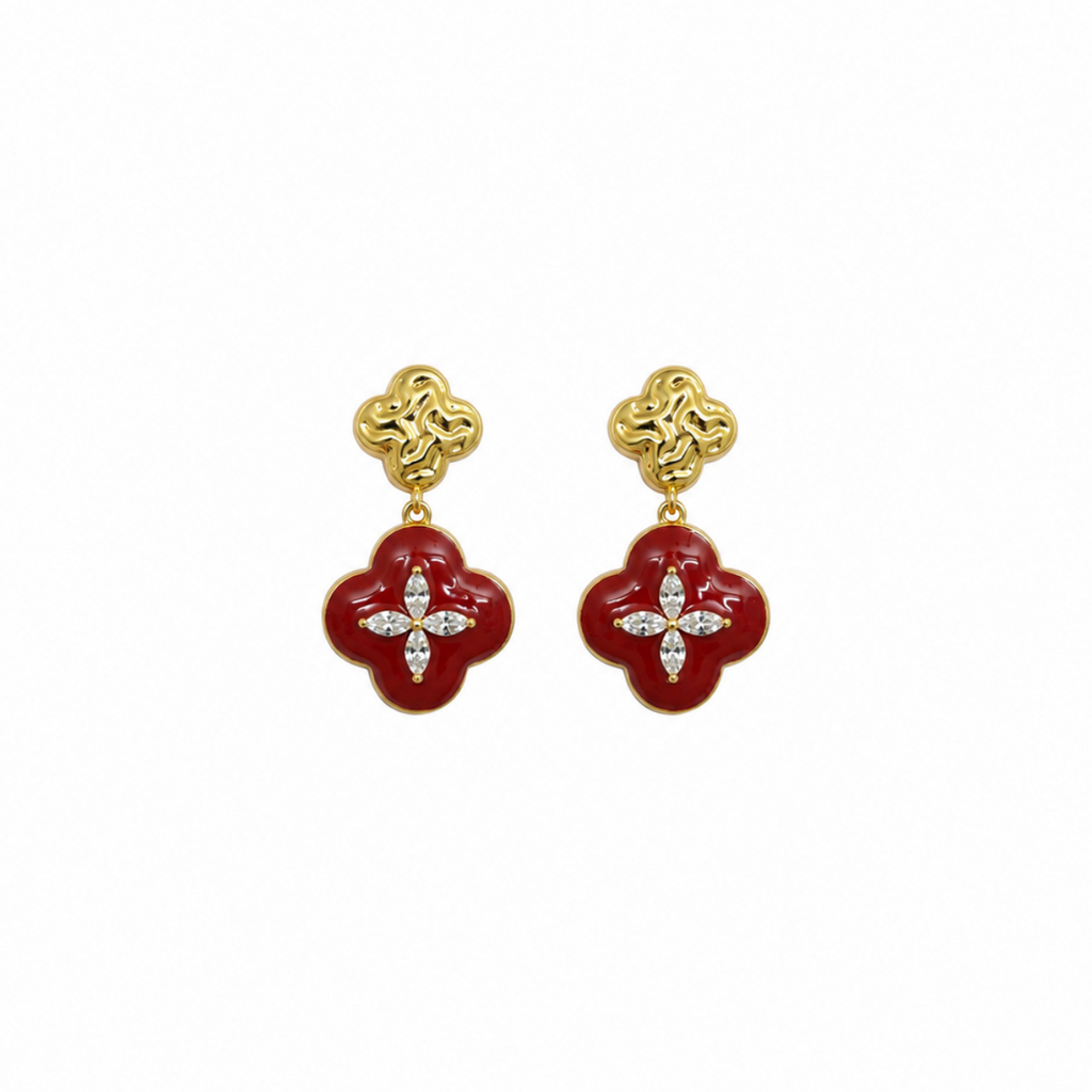 Celeste Ruby Clover CZ Gold Earrings