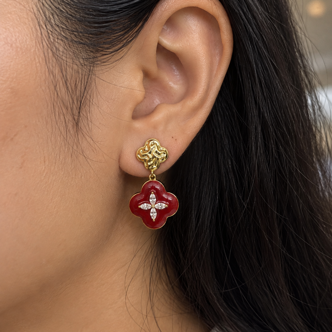 Celeste Ruby Clover CZ Gold Earrings