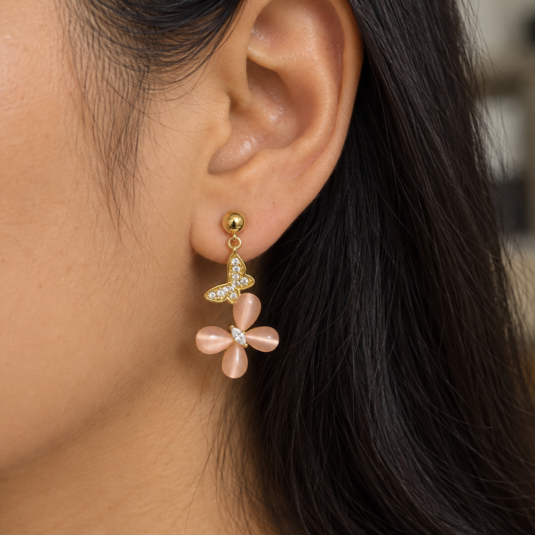 Amara Peach Butterfly Gold Drop Earrings