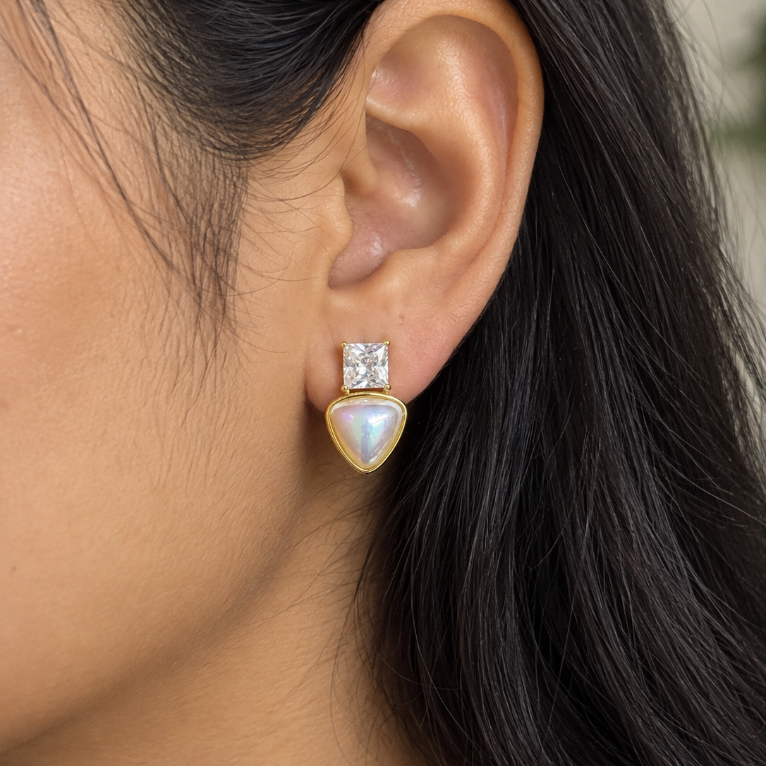 Elara Opal Heart CZ Gold Drop Earrings