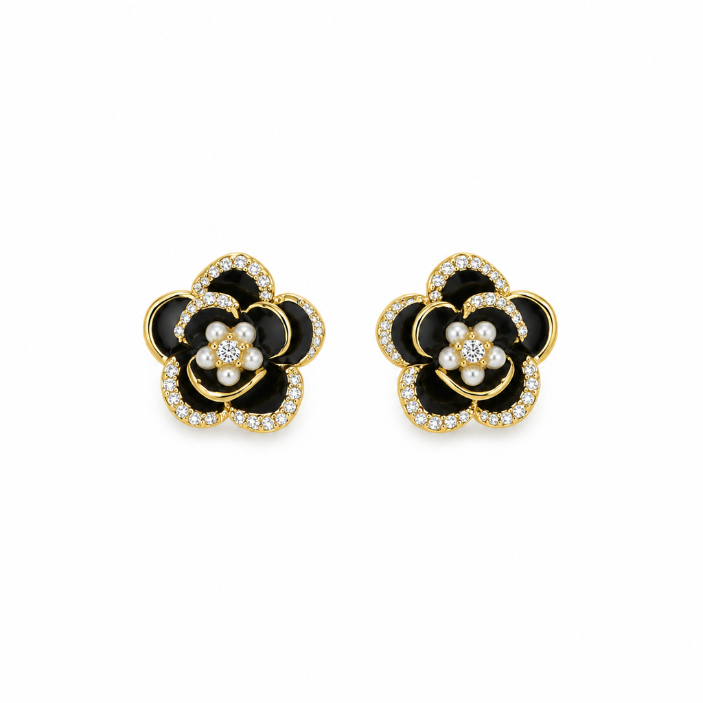 Zara Black Enamel Flower Pearl Stud Earrings