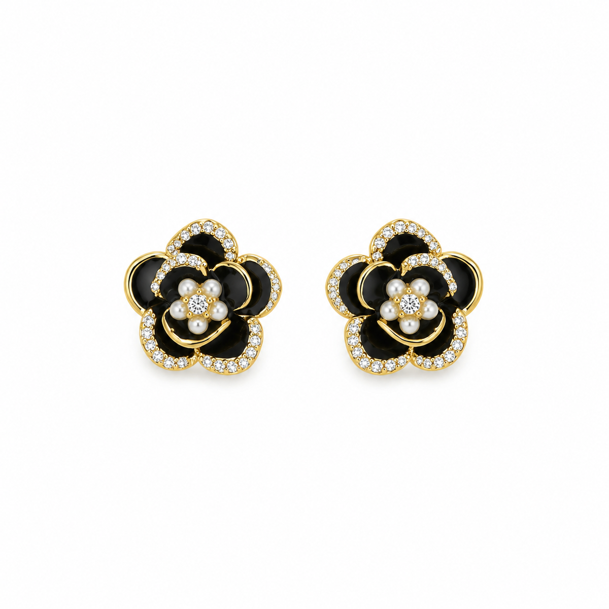 Zara Black Enamel Flower Pearl Stud Earrings