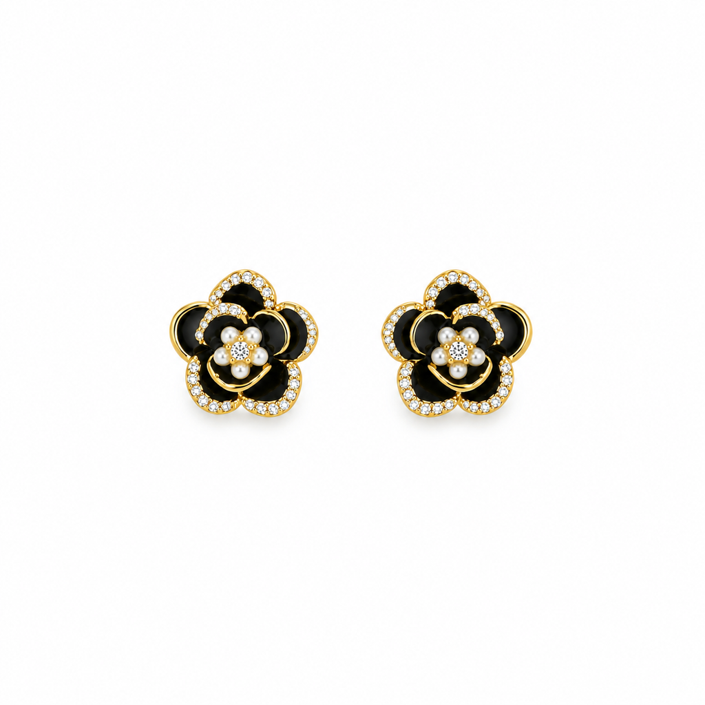 Zara Black Enamel Flower Pearl Stud Earrings