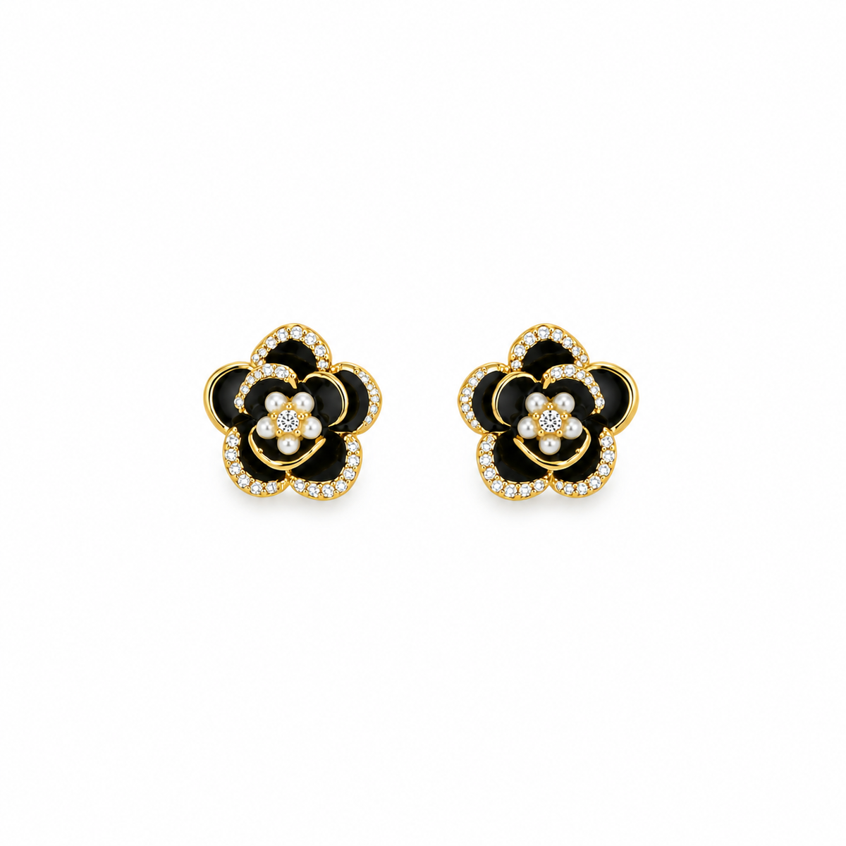 Zara Black Enamel Flower Pearl Stud Earrings