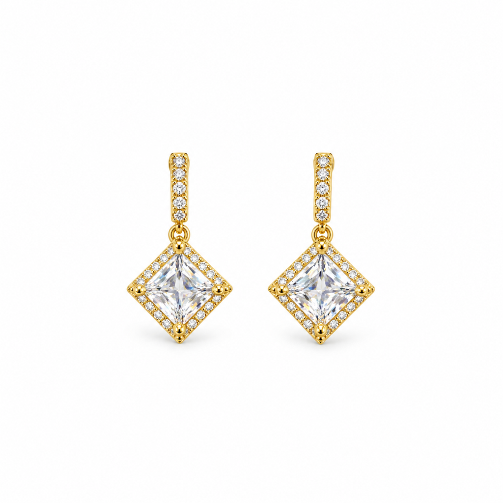 Celine Square CZ Halo Drop Earrings