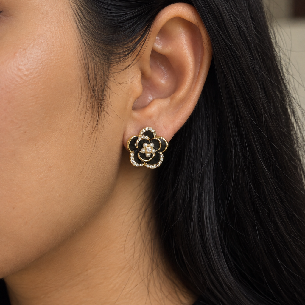 Zara Black Enamel Flower Pearl Stud Earrings