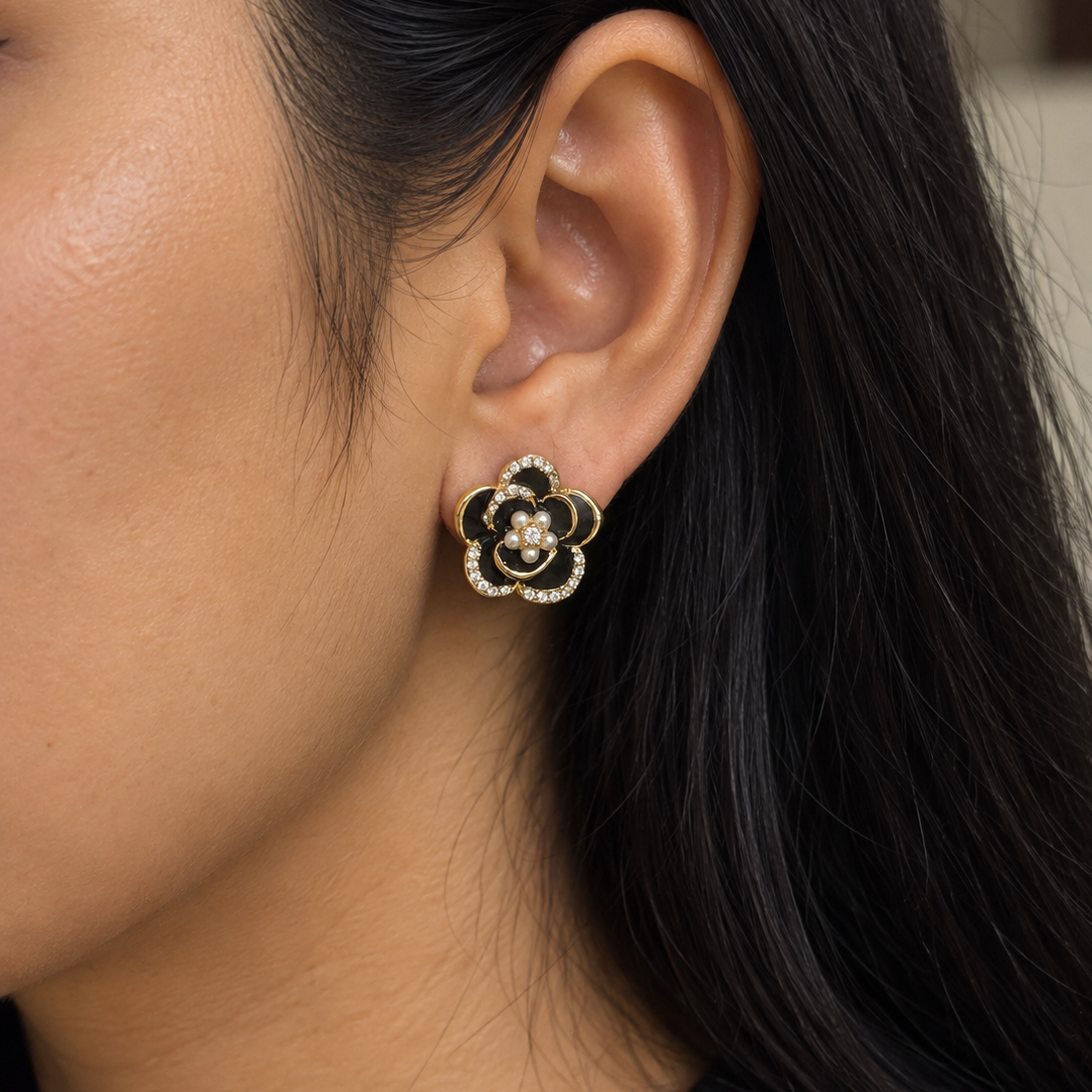 Zara Black Enamel Flower Pearl Stud Earrings